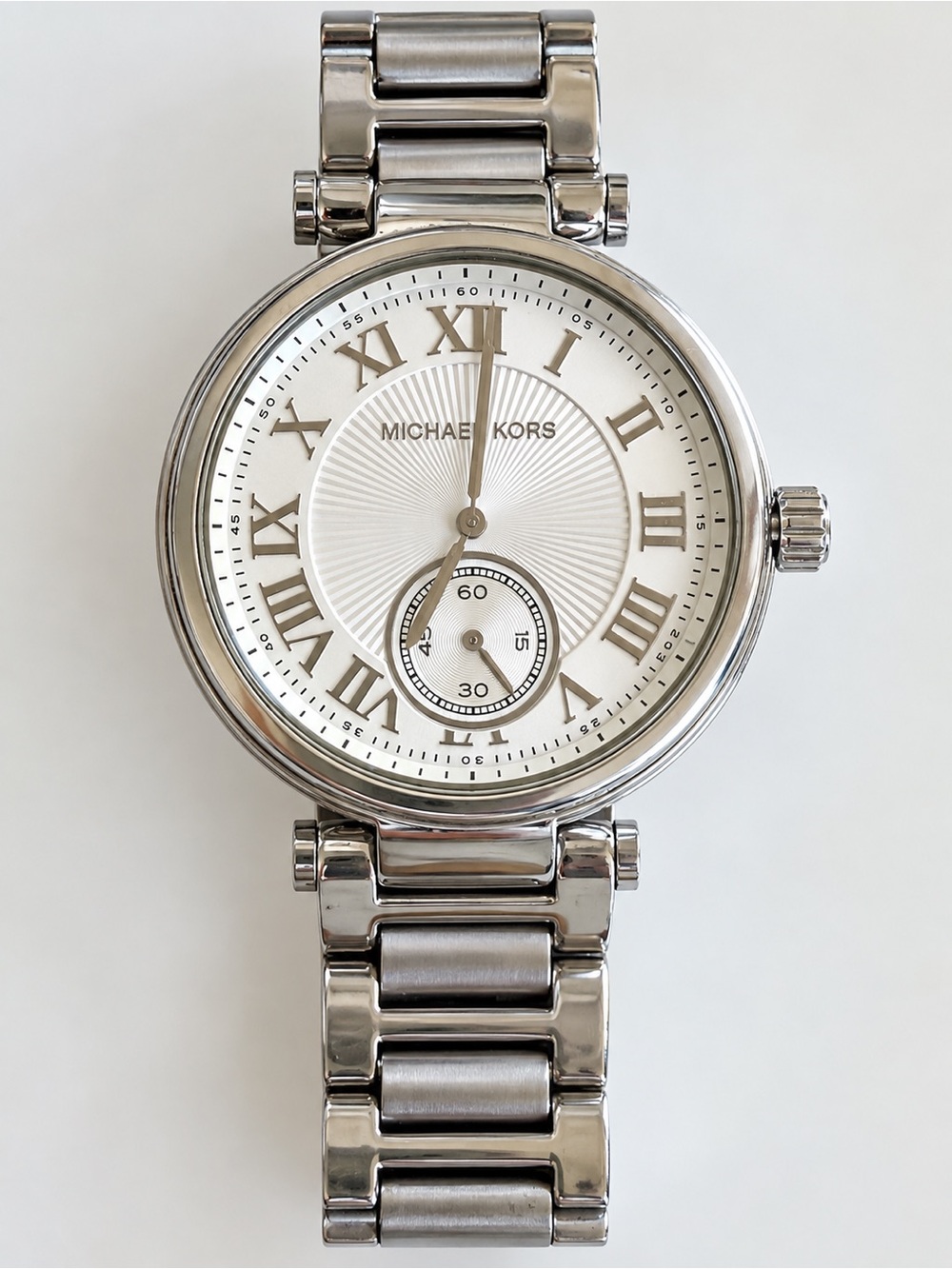 Michael Kors MK5866 Silver Tone Crystal Bezel Watch Roman Numeral